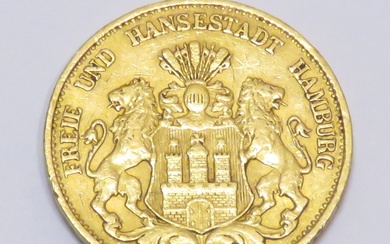 Pièce en or de 20 Mark "Ville hanséatique libre de Hambourg, Allemagne", datée de 1894....