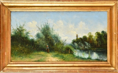 Pierre Ernest BALLUE (1855-1928) Promeneuse au bord de l’eau Huile sur toile Signé, daté “1880”...