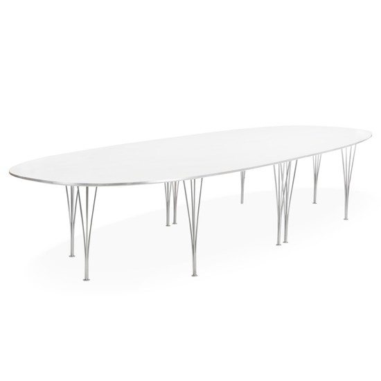 Piet Hein: “Superellipse”. Large table with legs of chromed steel. Top of white laminate. H. 71 cm. L. 420 cm. W. 140 cm.