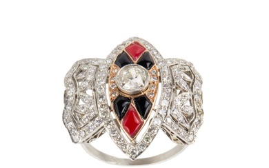 Platinum ring with gold, diamonds, agate and coral.