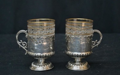 (Pr) SILVER TEA HOLDERS WITH ETCHED GLASS