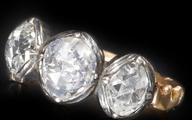 RARE ANTIQUE DIAMOND 3-STONE RING, Large rose cut diamonds. ...