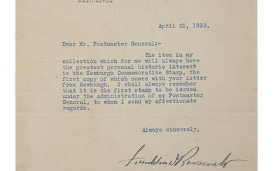 ROOSEVELT, Franklin D. (1882-1945). Typed letter signed ("Franklin D Roosevelt"), as President.