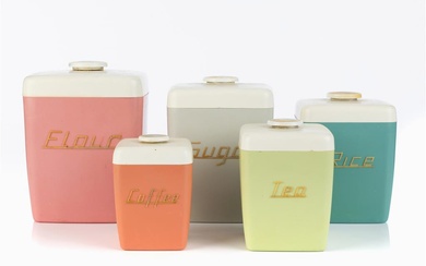 Retro Set of 5 Graduating Colourful Cannisters, 1950's