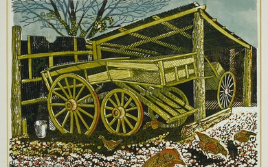 *Richard Bawden (b.1936) linocut - 'Cart on Tom Ives’ Farmyard, Gt Bardfield 1953, titled and signed in pencil, 34cm x 46.5cm, in glazed frame