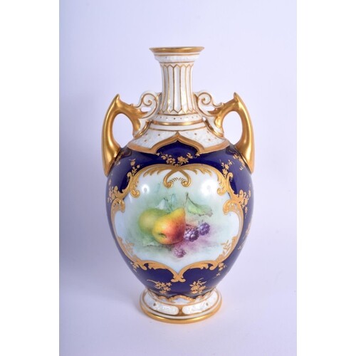 Royal Worcester two handle blue ground vase painted with fru...