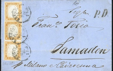 SARDEGNA-SVIZZERA 1863 - 10 cent. arancio ocra (14De), tre esemplari,...