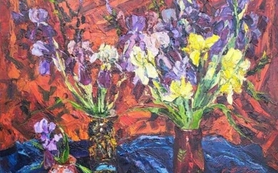 SERGEI SHAPOVALOV (b.1948, Ukrainian) 'Irises', oil on canvas, 81cm...