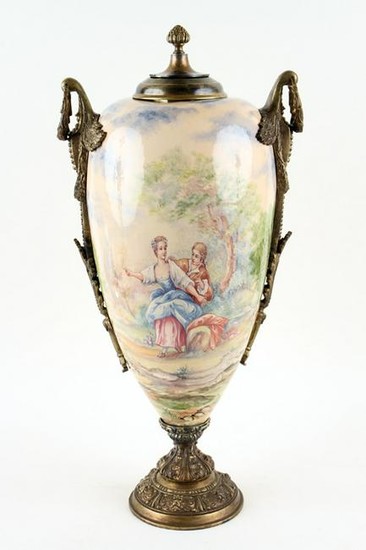 SEVRES STYLE BRONZE MOUNTED VASE HAND PAINTED