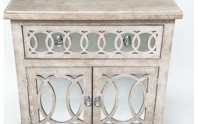 SIDE CABINET, limed oak, mirror panelled and tracery decorat...