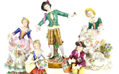 SITZENDORFS; five late 19th century porcelain figures comprising a dandy...