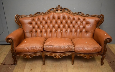 SUPER RETRO ITALIAN 1970S CARVED WOODEN FRAME AND LEATHER 3 SEATER LOUNGE (PLEASE NOTE THIS HEAVY ITEM MUST BE REMOVED BY CARRIERS A...