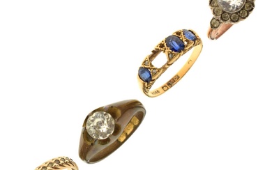 Sapphire and diamond 18ct yellow boat head ring, etc
