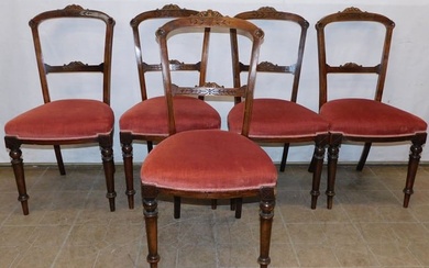 Set Five Walnut Carved Dining Chairs