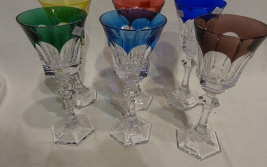 Set of 6 French cut crystal coloured stemmed...