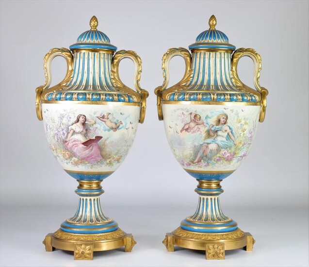 Sevres pair of monumental vases mounted on gilded