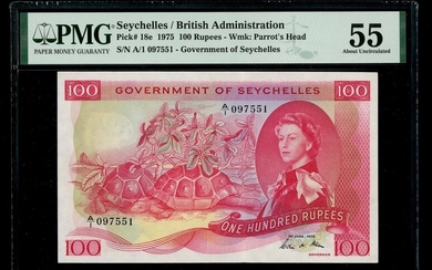 Seychelles, 100 rupees, 1st June 1975, serial number A/1 097551, (Pick 18e)