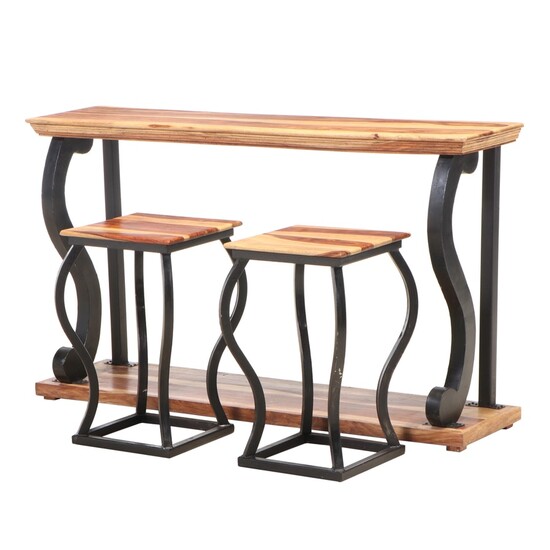 Sheesham Wood and Black-Painted Metal Console Table and Two Stools