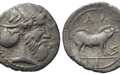 Sicily, Abakainon, c. 450-400 BC. AR Litra (12mm, 0.61g). Bearded...