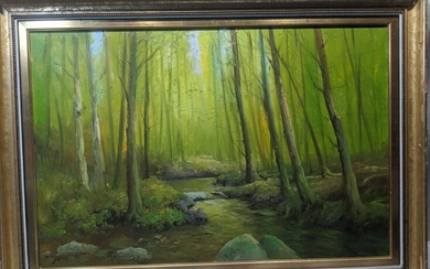 Signed Sara Large Forest at Dusk Oil Painting