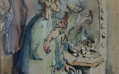 Signed Watercolor, Clown Removing the Mask