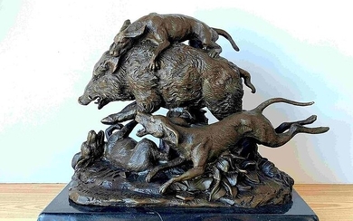 Signed Wild boar by Pierre-Jules Mene, bronze, marble