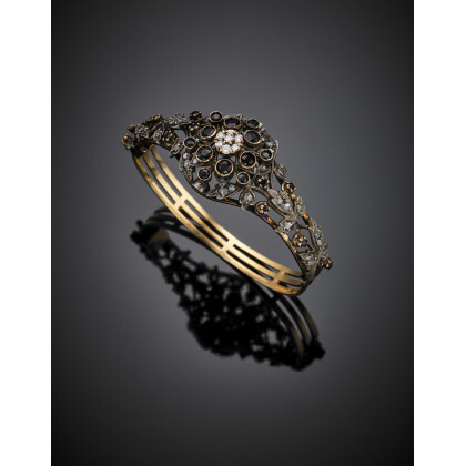 Silver and gold diamond and sapphire cuff bracelet, g 25.48 circa, diam. cm 5.80 circa.Read more
