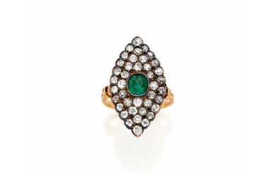Silver and yellow gold ring with old mine diamonds encircling a cushion cut emerald, diamonds in all ct. 0.80 circa,...