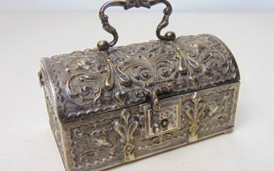 Silver plated jewel box, domed top casket, with handle, lock, no key, ornately decorated, 4 1/8" by