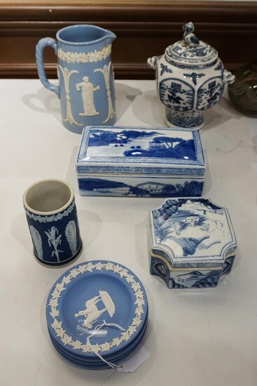 Six Wedgwood Jasperware Articles and Three Asian Blue and White Porcelain Articles