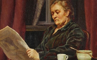 Sophus Vermehren: Woman reading the newspaper and drinking coffee. Signed S. Vermehren. Oil on canvas. 37×31 cm.