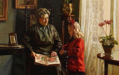 Sophus Vermehren (b. Copenhagen 1866, d. Frederiksberg 1950) Interior with grandmother and...
