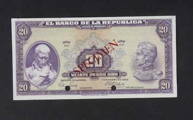 Specimen Bank Note: Colombia specimen 20 Pesos Oro