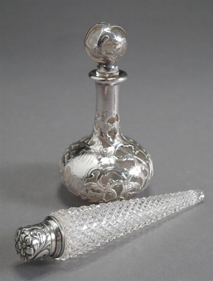 Sterling Overlay Clear Glass Perfume and a Sterling Silver Mounted Cut Glass Perfume Vial