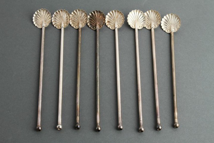 Sterling Silver Shell-Form Ice Tea Straw Spoons, 8