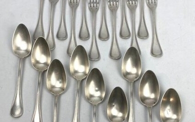 Suite of twelve forks and nine spoons in silver, net model.