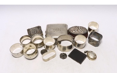 Sundry small silver including napkin rings, cigarette case, ...