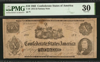 T-48 (XX-3). Confederate Currency. 1862 $10. PMG Very Fine 30.