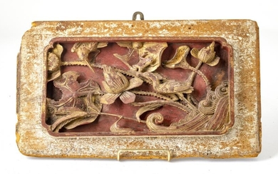 THAILAND CARVED WOOD WITH GILT RELIEF PLAQUE