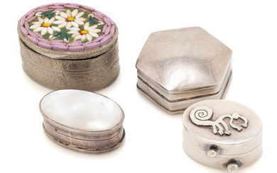 THREE SILVER PILL BOXES AND A MICROMOSAIC BOX; one of...