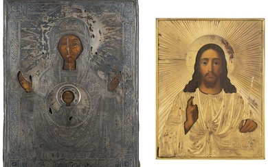 TWO ICONS SHOWING CHRIST PANTOKRATOR WITH OKLAD AND THE MOT