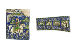 TWO POLYCHROME-PAINTED POTTERY TILES Pahlavi Iran, 20th