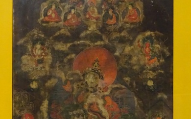 Tangka figurant des divinités bouddhiques. Détrempe et dorure sur soie, encadrée sous verre. TIBET. 63...