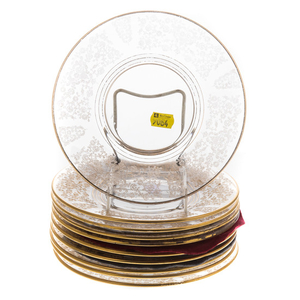 Ten gilt decorated etched glass dessert plates