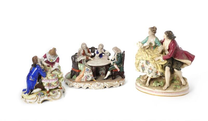 NOT SOLD. Three 20th c. porcelain figure groups decorated in colours, faux Capodimonte a.o. (3) – Bruun Rasmussen Auctioneers of Fine Art