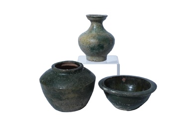 Three Chinese Olive-Green Glazed Pottery Vessels, Han Dynasty (206 BCE-220)