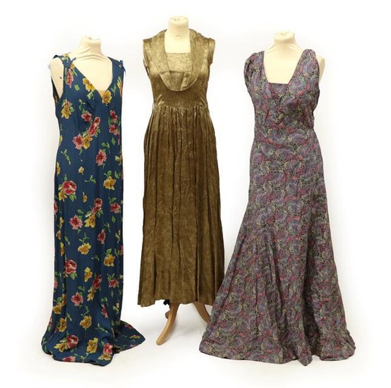 Three Circa 1930's Evening Dresses, comprising a gold a black...