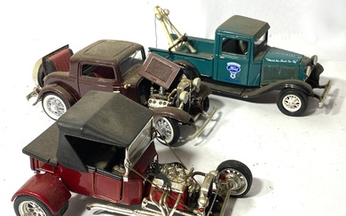 Three Custom Diecast Model Cars, Ford T-Bucket, Ford Coupe, Ford Pickup, Scale 1/18