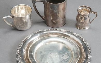Three Sterling Cups and Two Round Card Trays, 22.5 oz