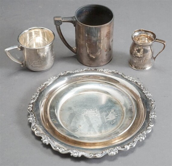 Three Sterling Cups and Two Round Card Trays, 22.5 oz